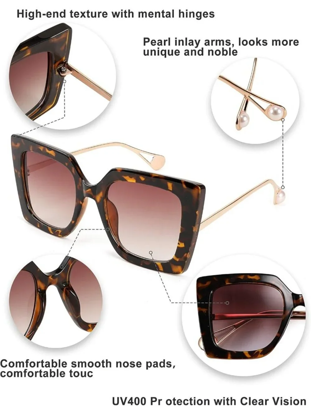 Women's Trendy Square Shades Pearl Inlay Cat Eye UV400 Protection Leopard
